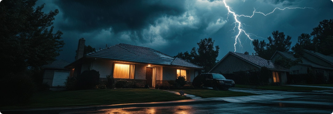 home lit up at night with storm in the background